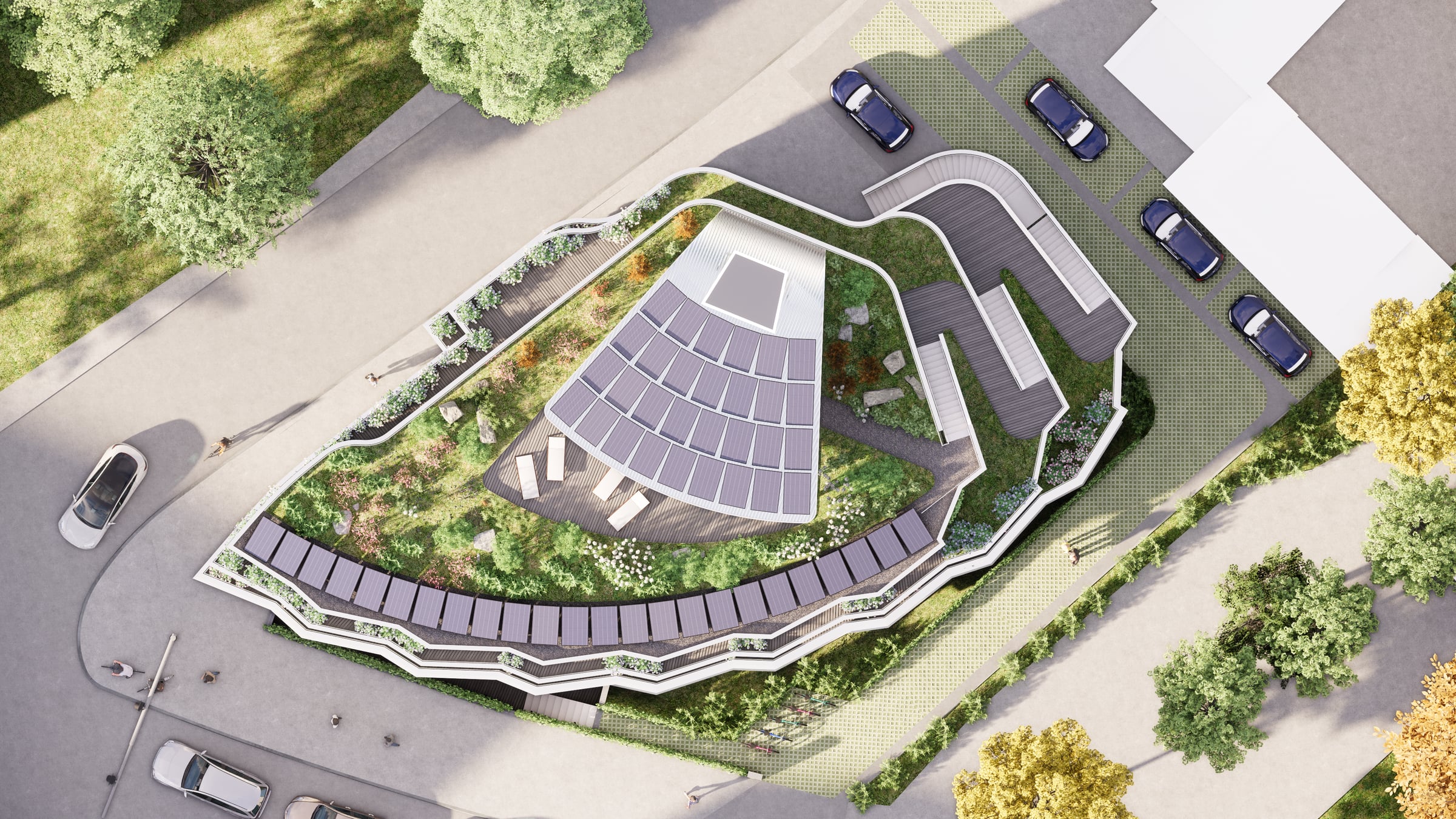 Draufsicht Gebaeude mit Dachgarten und Solaranlage