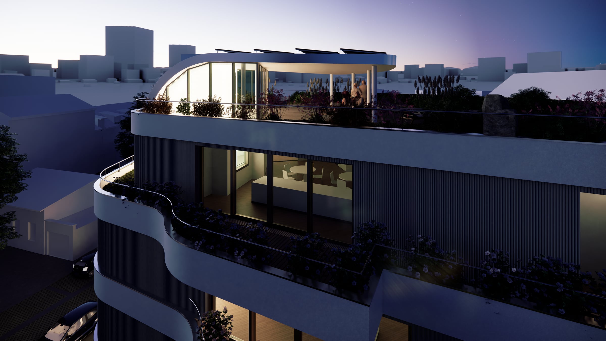Penthouse und Dachterrasse bei Nacht